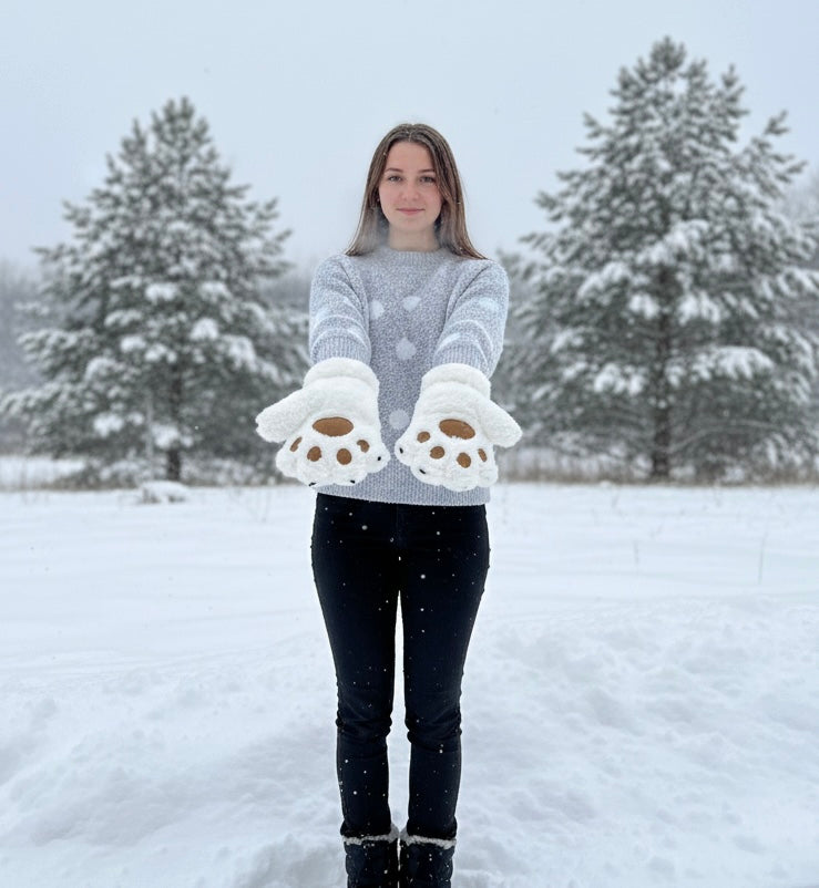 White Soft Plush Bear Paw Gloves