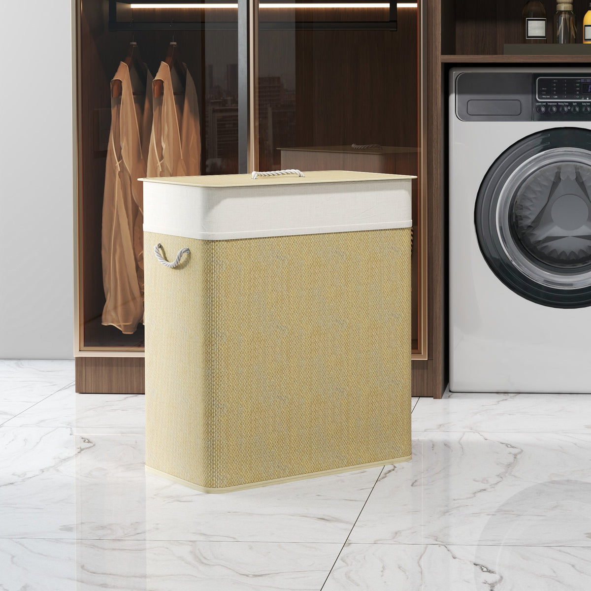 Double Laundry Basket with Lid, 100L Bamboo Laundry Hamper with Rope Handles and Removable Bags, Brown