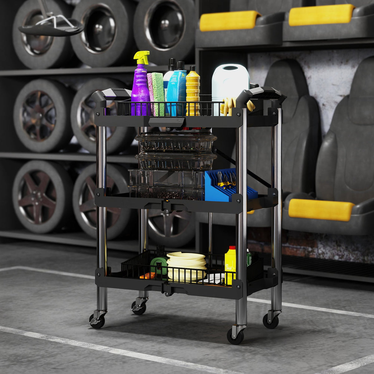 3-Tier Collapsible Tool Cart with Wheels, 150 LBS Capacity Folding Utility Cart with Handles for Garage Workshop, Black