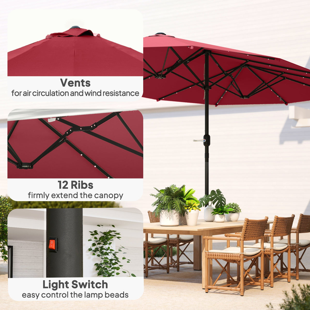 174" Double-Sided Sun Umbrella Garden Parasol Patio Sun Shade Outdoor with LED Solar Light, Khaki