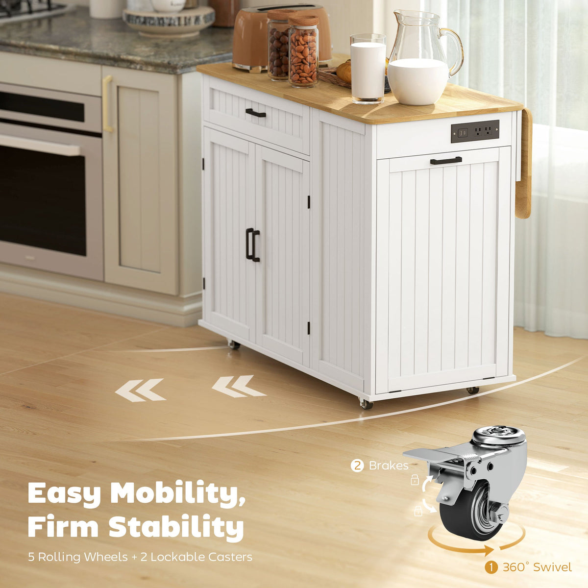 Kitchen Island Cart, Portable Kitchen Island Table with Charging Station, Rubber Wood Drop Leaf, Trash Storage, Black