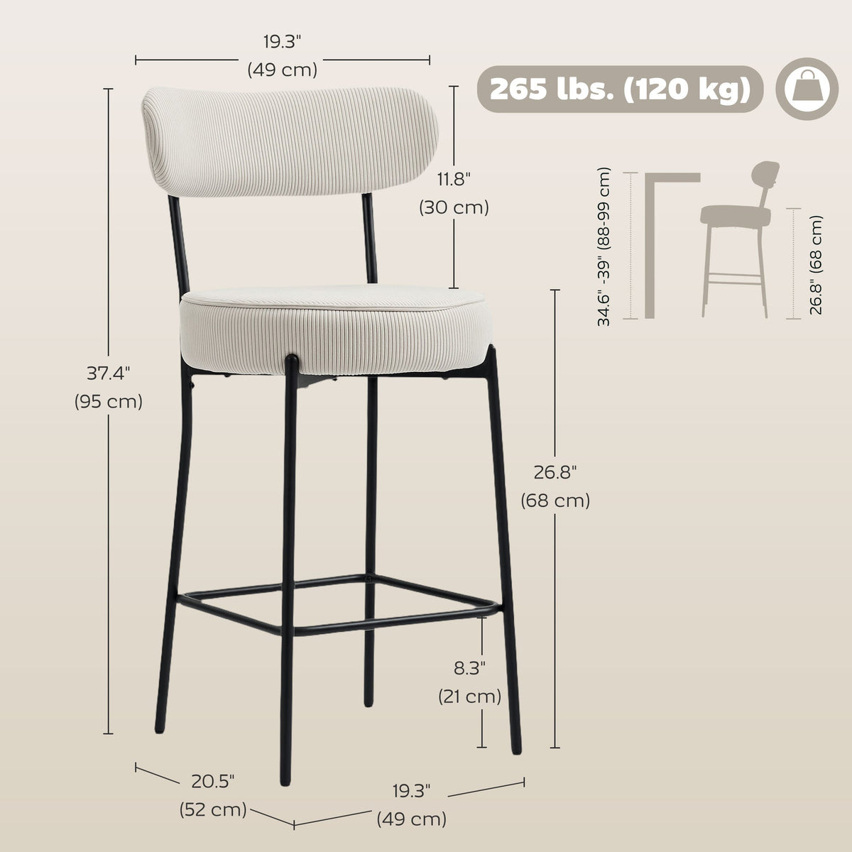 Set of 2 Barstools, Upholstered Corduroy Bar Stools with Backrest, Footrest for Kitchen Island, Dining Room, Cream White