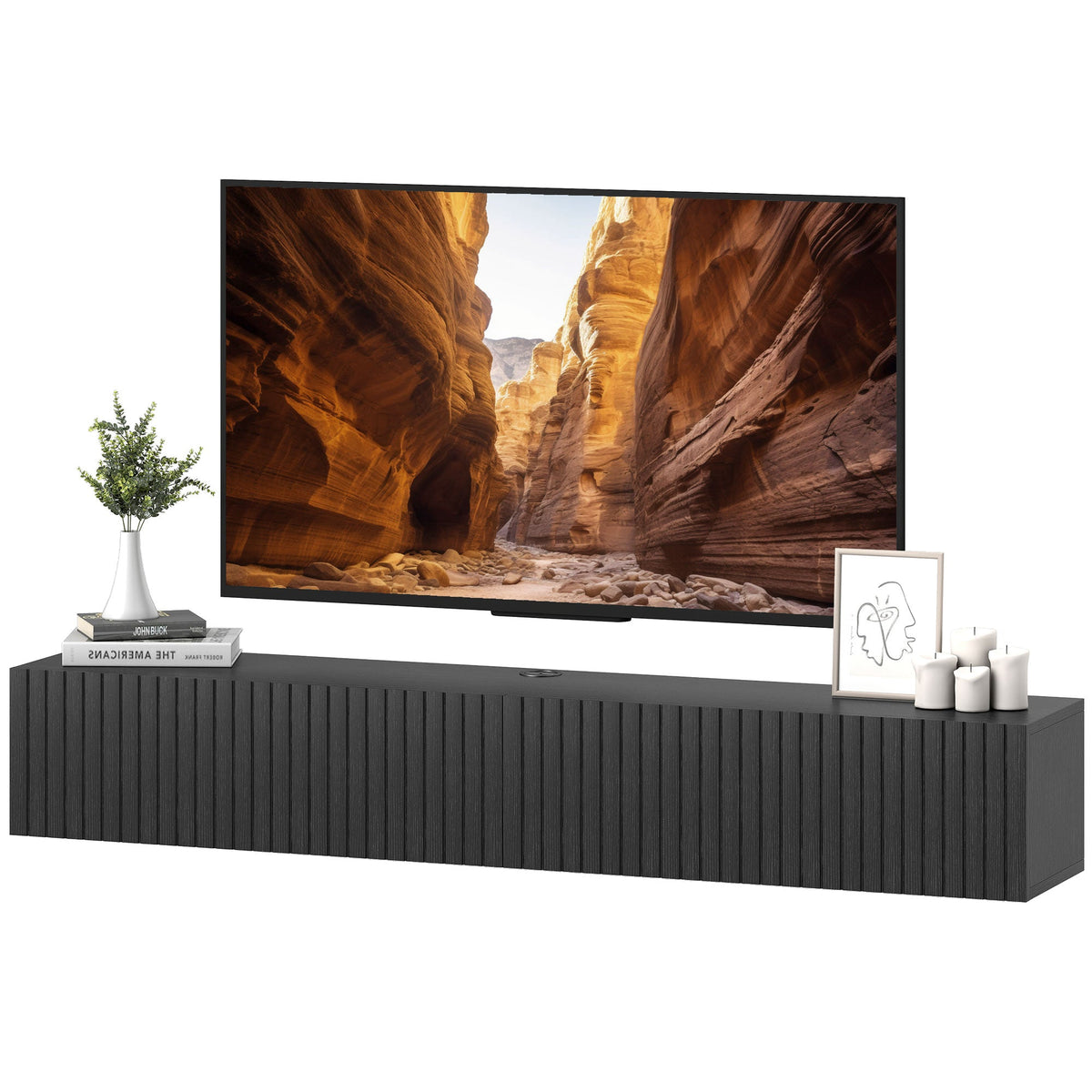 71" Floating TV Stand for TVs up to 72 Inch, Wall Mount Media Console with 2 Fluted Flip-Down Doors, Cable Hole, Black