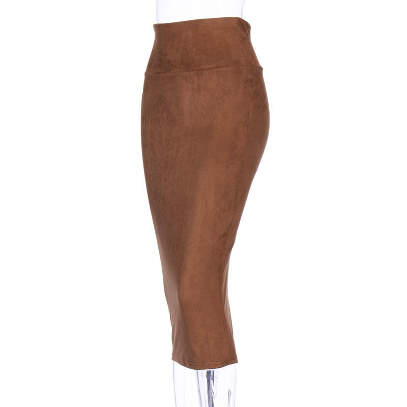 High Waist Suede Knee Skirt