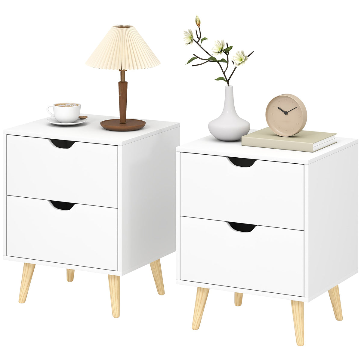 Modern Bedside Table, Nightstand with 2 Drawers and Pine Wood Legs for Bedroom, Living Room, White