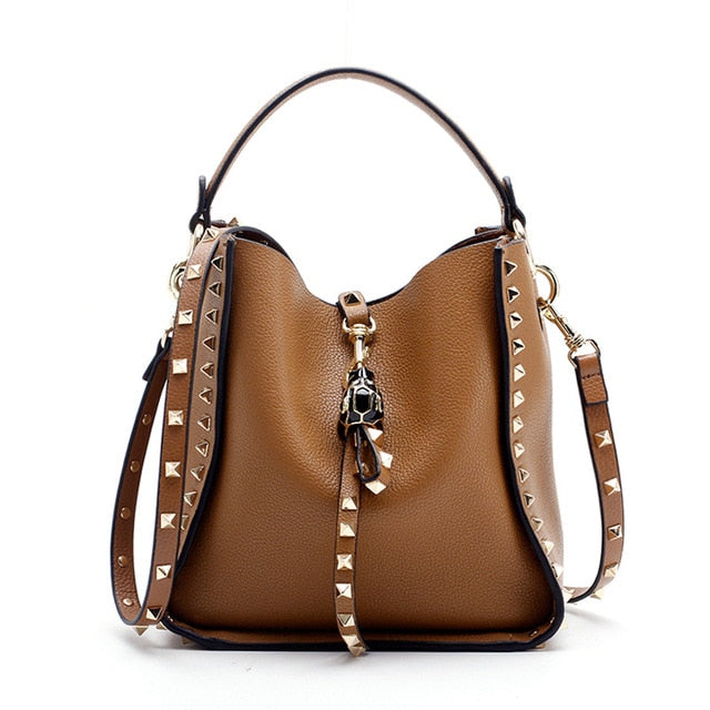 Genuine Leather Stud Bucket Bag