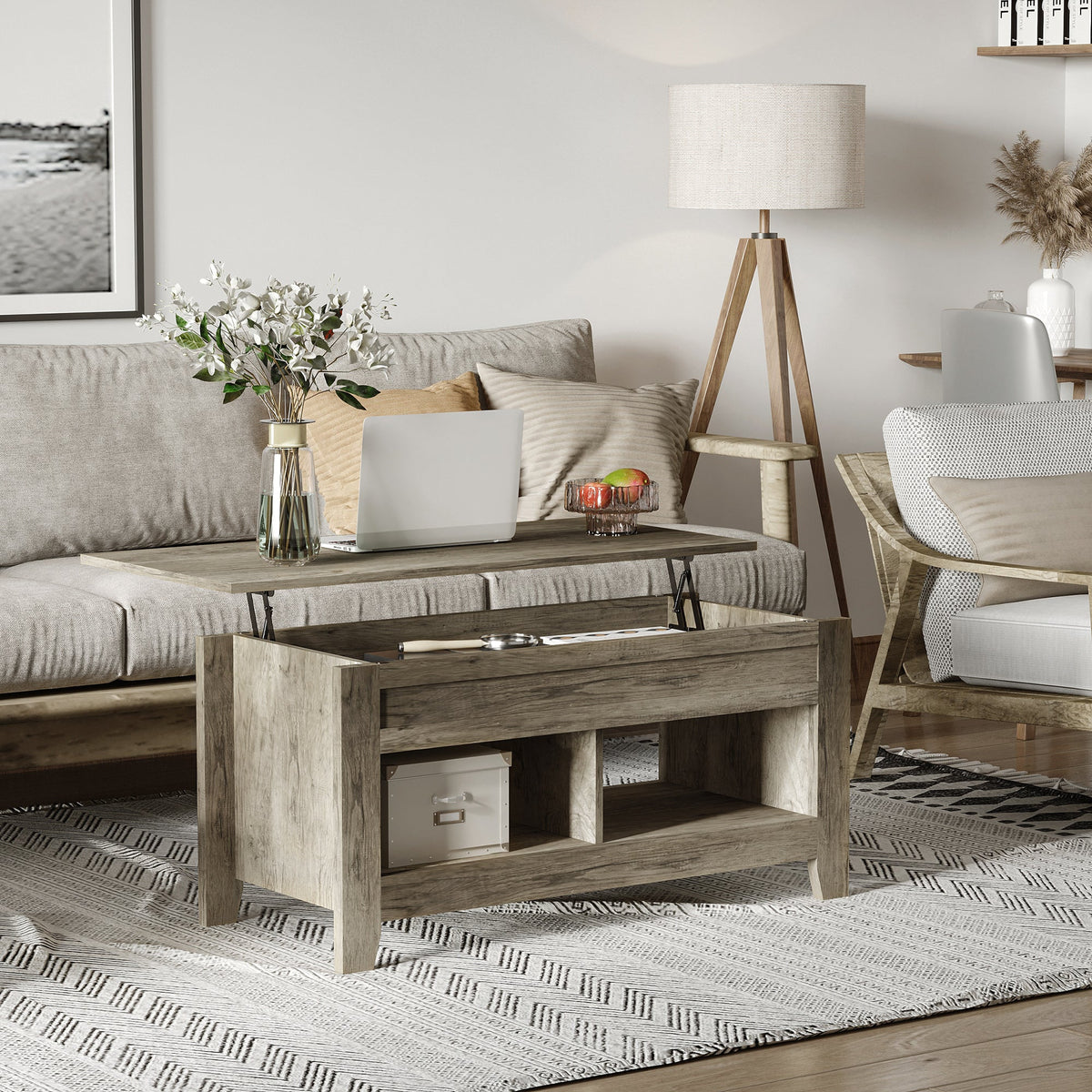 Lift Top Coffee Table with Hidden Storage Compartment and Open Shelves, Lift Tabletop Pop-Up Center Table for Living Room, Dark Walnut