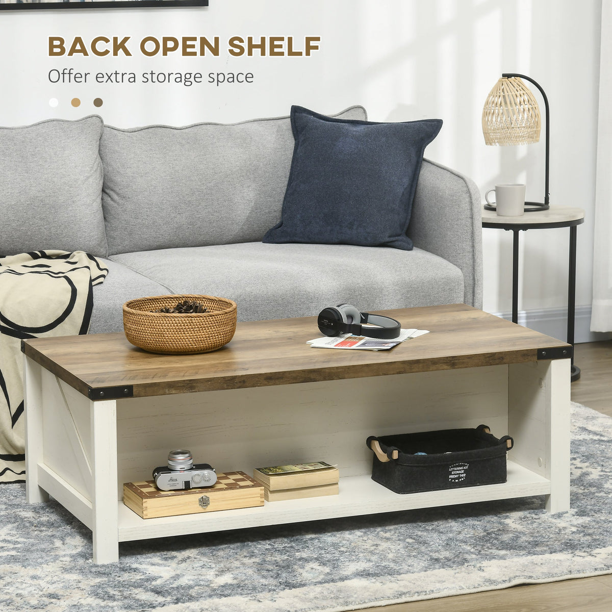 Lowen Farmhouse Coffee Table with Drawer and Open Storage Shelf-Brown