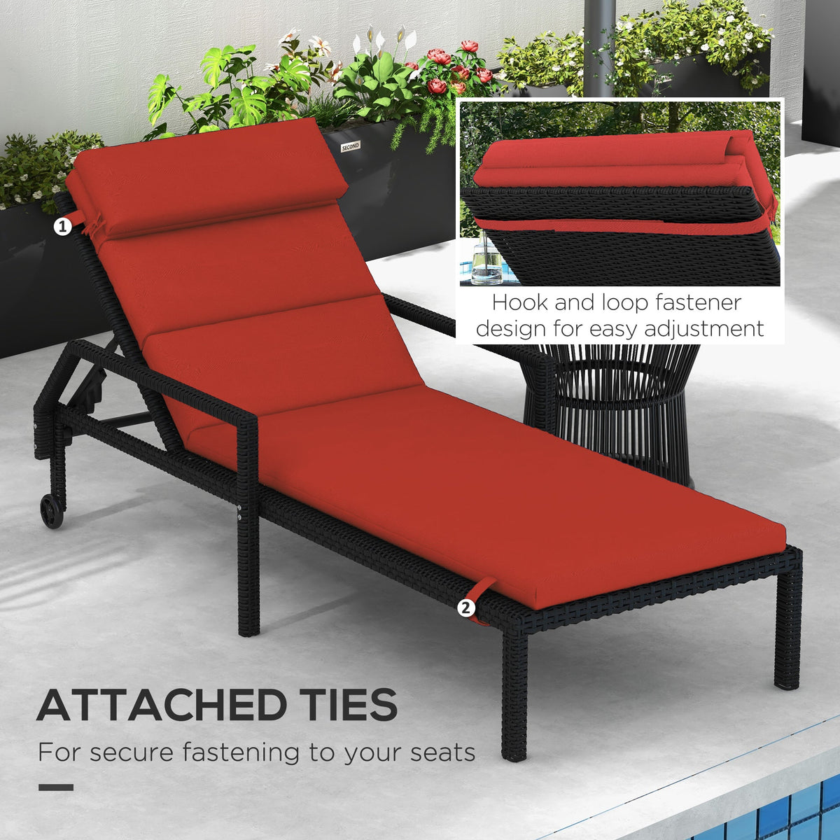 Patio Chaise Lounge Chair Cushion Replacement Sun Lounger Pads with Headrest and Ties, Beige
