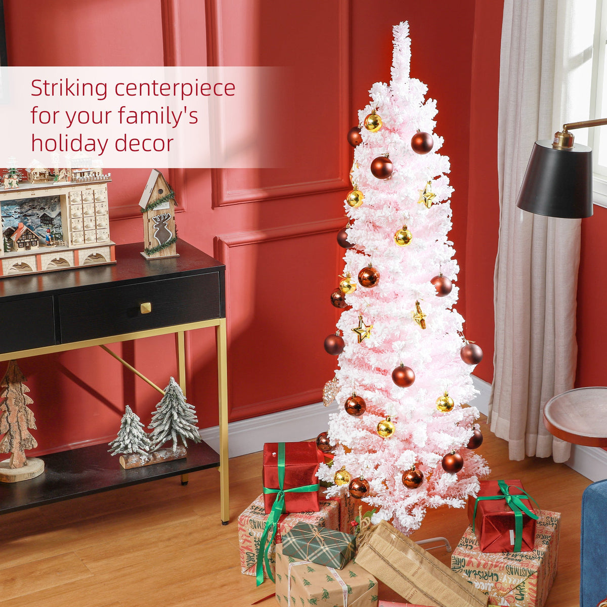 6ft Flocked Christmas Tree, Pencil Christmas Tree with Realistic Branch Tips, Folding Metal Stand, Green