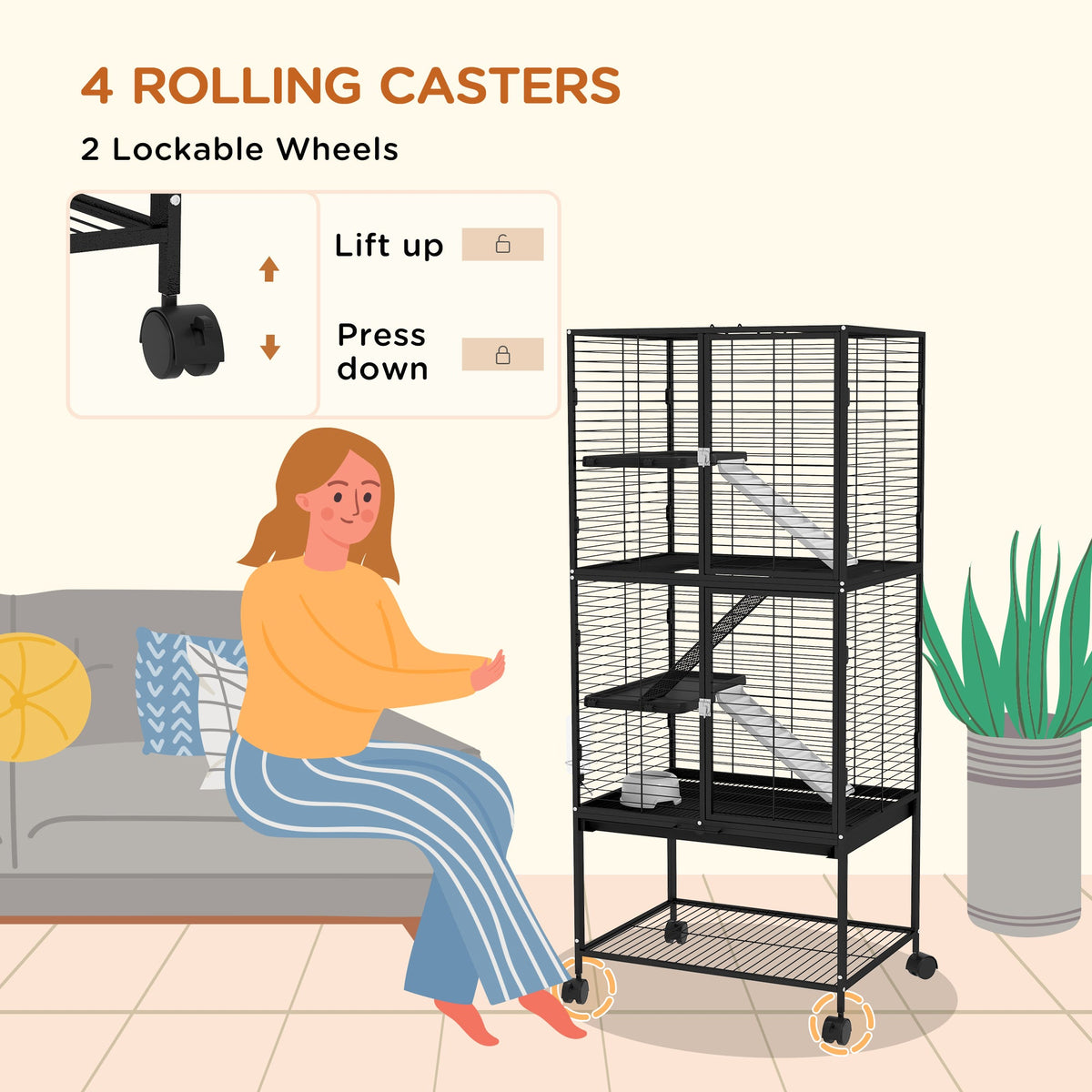 Rolling Small Animal Cage 34"H Chinchilla Cage for Ferrets, Squirrels w/ Removable Tray, Storage Shelf, Black