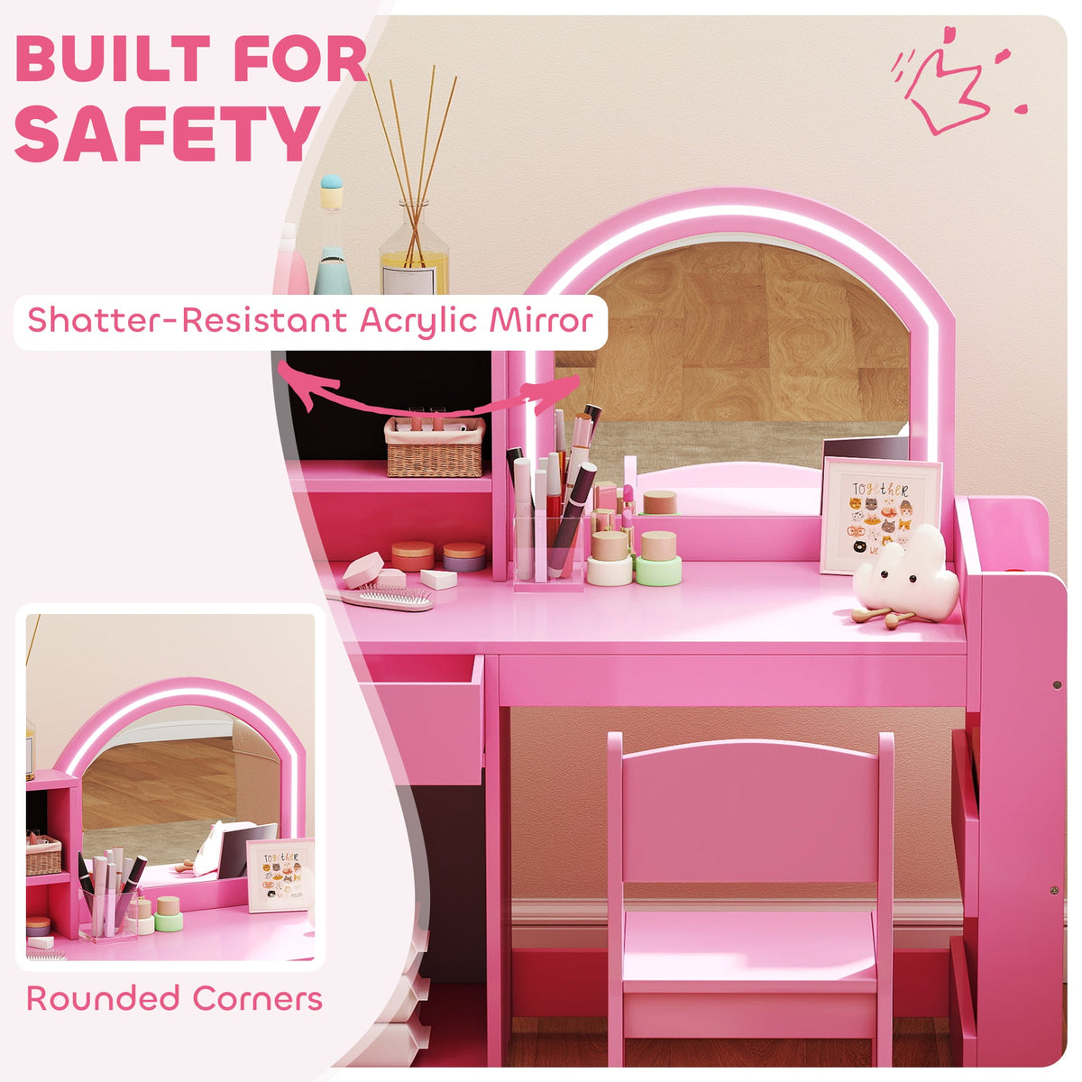 Kids Vanity Set, Toddler Dressing Table and Chair Set with Lighted Mirror, Cabinet, Drawer and Shelves, Pink