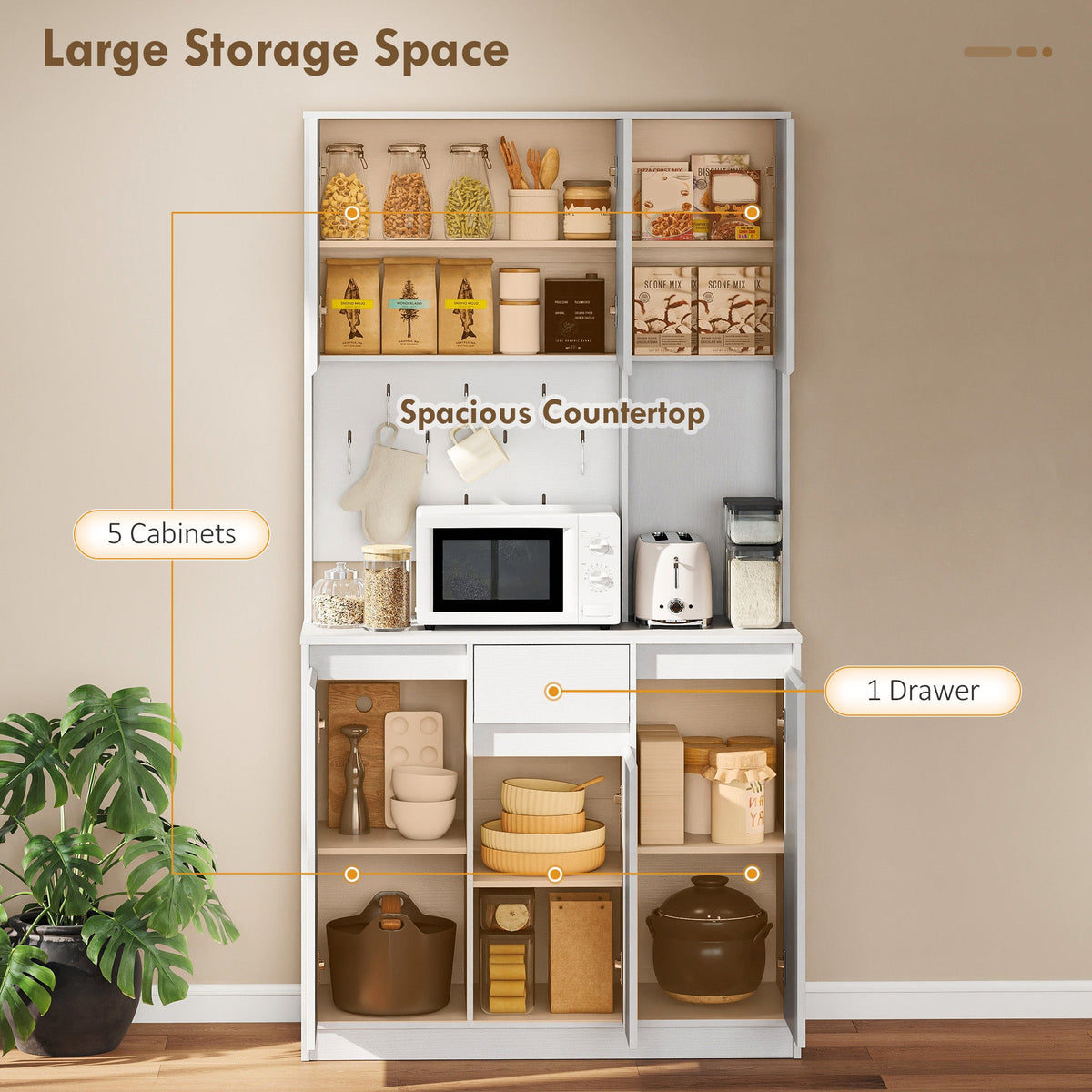 71" Pantry Cabinet with Charging Station, Kitchen Storage Cabinet with Microwave Stand, Pegboard, 6 S-hooks, Black