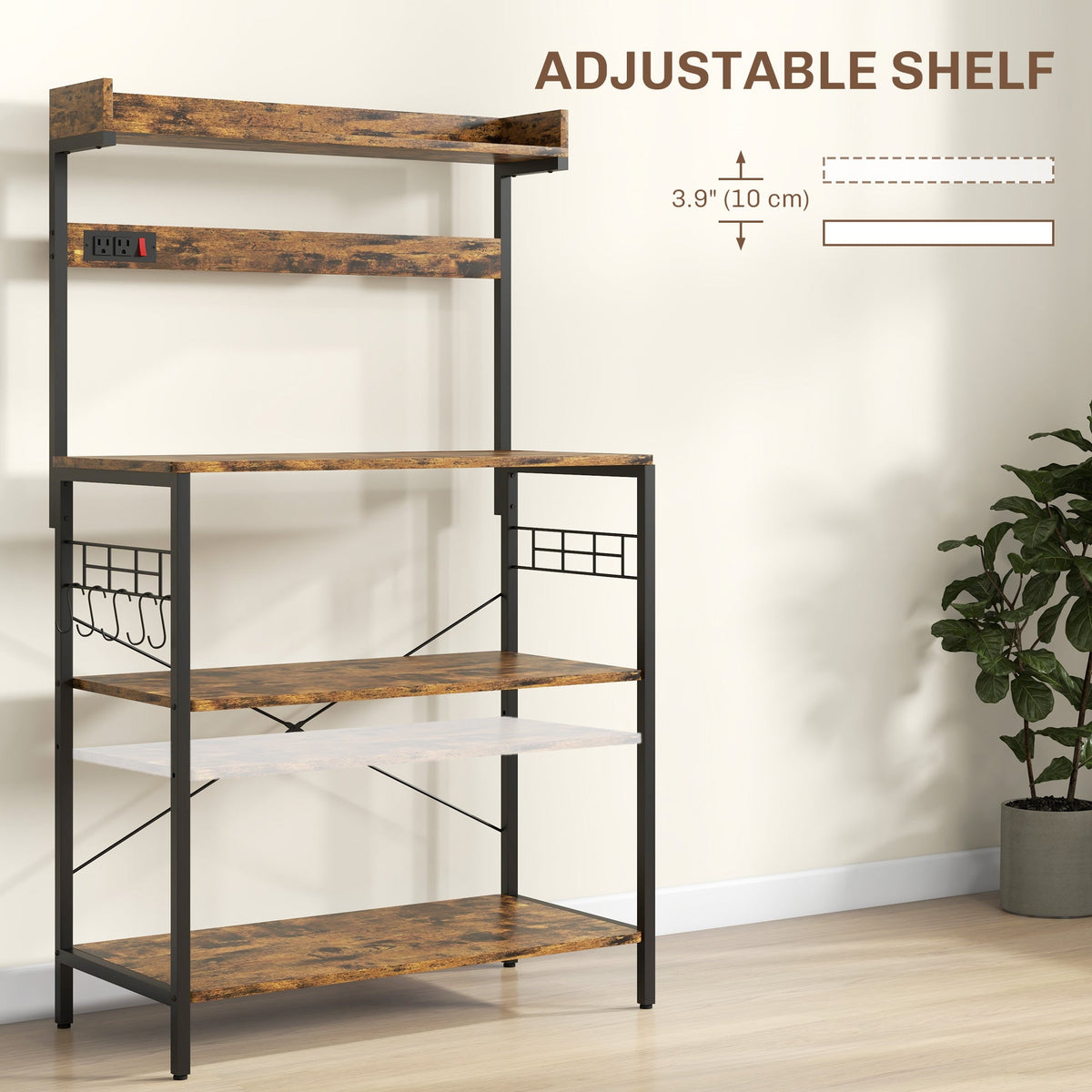 Kitchen Baker's Rack with Power Outlet, Coffee Bar Station with Adjustable Shelves and Hooks, Distressed Grey