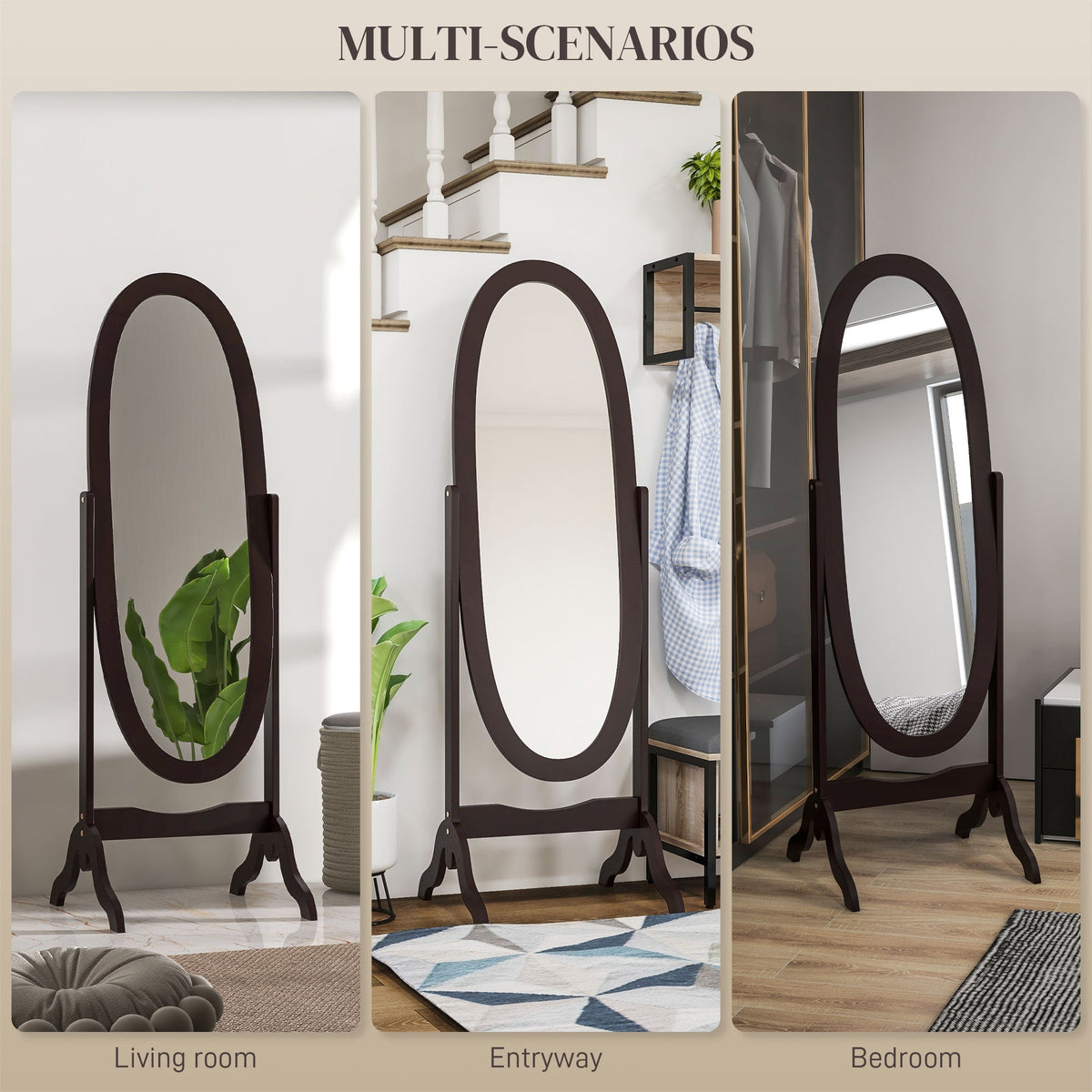 Floor Standing Mirror Full Length Mirror with Adjustable Angle Oval Frame for Dressing Room Bedroom Living Room White