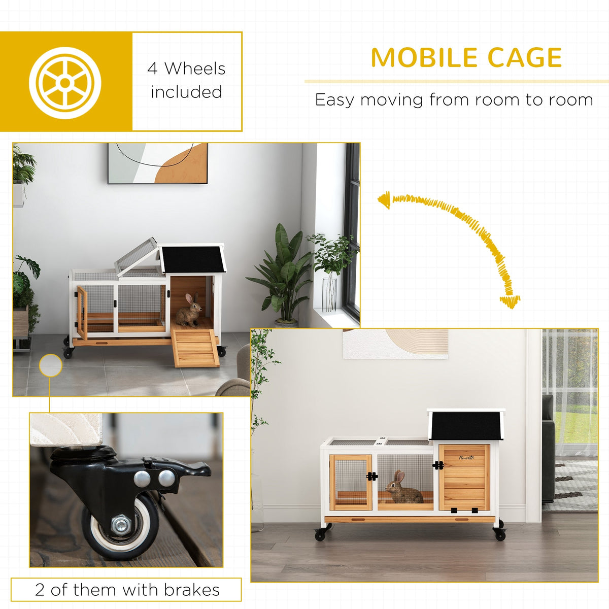 Rabbit Cage with Wheels, Ramp, Run, Tray for Indoor Outdoor, Suitable for Rabbit, Guinea Pig, Coffee