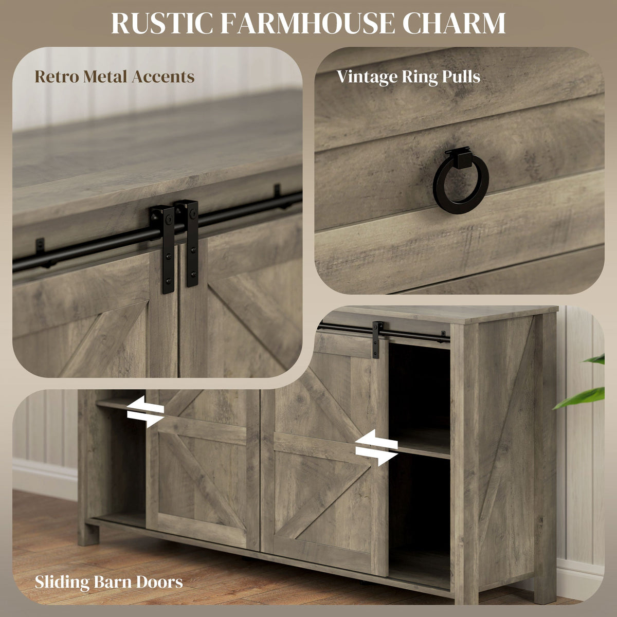 60" Buffet Cabinet, Farmhouse Sideboard with Sliding Barn Doors, Drawers and Adjustable Shelves, Cream White
