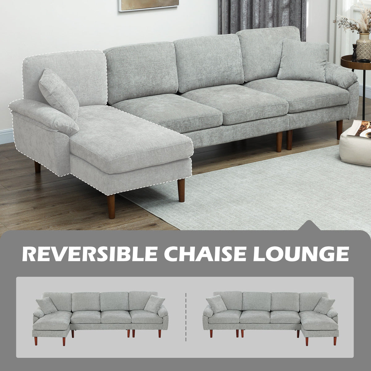 L-Shape Sofa, Modern Sectional Couch with Changeable Chaise Lounge, Pillows and Wooden Legs for Living Room, Grey