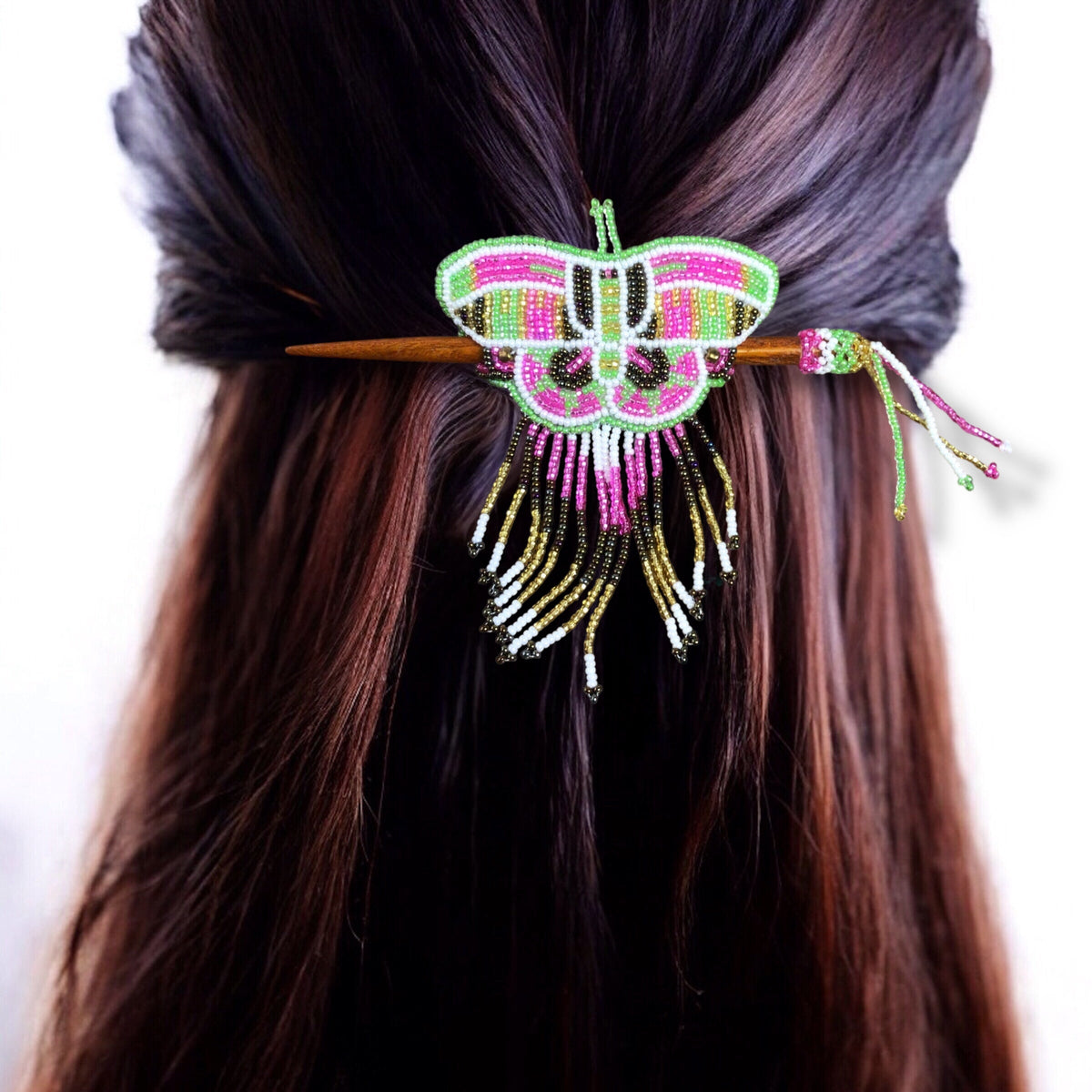Pink and Green Wooden Stick Butterfly Beaded Barrette with Fringes
