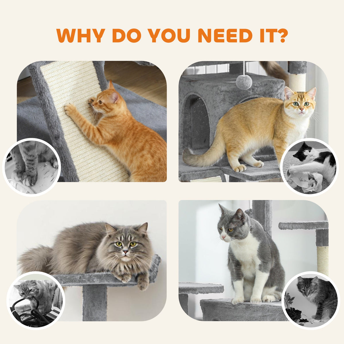 54" Cat Tree, Multi-Level Cat Tower with Scratching Posts, Cat Condos, Bed, Platforms, Ramp, Toy Ball, Beige
