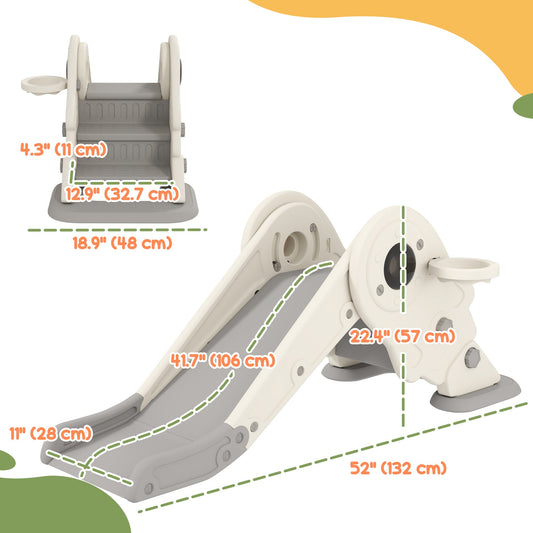 3 in 1 Toddler Slide, Foldable Kids Slide with Basketball Hoop, Climber, Anti-Slide Step for Ages 2-5, Cream White