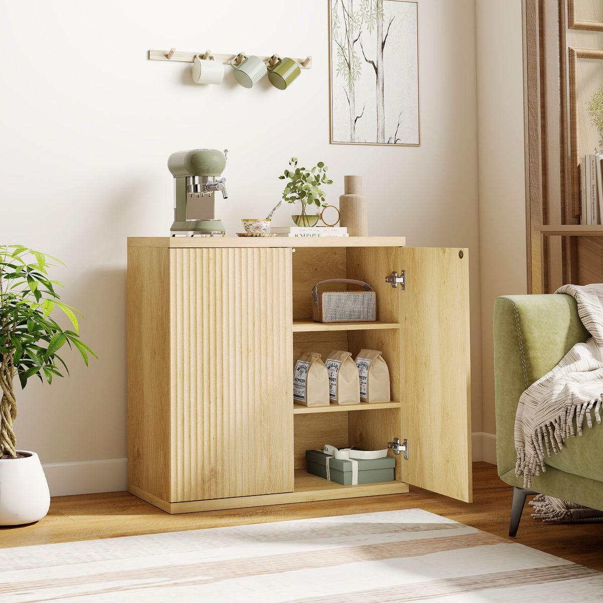 Sideboard Buffet Cabinet, 30.7" Modern Kitchen Storage Cabinet with Soft-Close Door and Adjustable Shelves, Oak