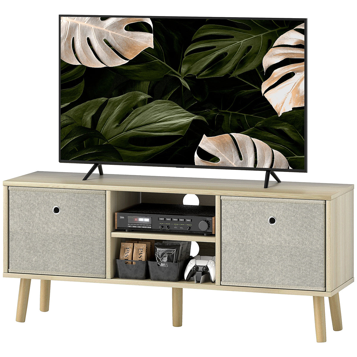 Modern TV Stand Cabinet with Foldable Drawers and Shelves for Living Room, Bedroom, White