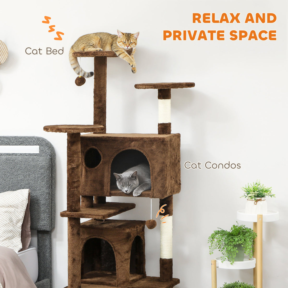 54" Cat Tree, Multi-Level Cat Tower with Scratching Posts, Cat Condos, Bed, Platforms, Ramp, Toy Ball, Beige
