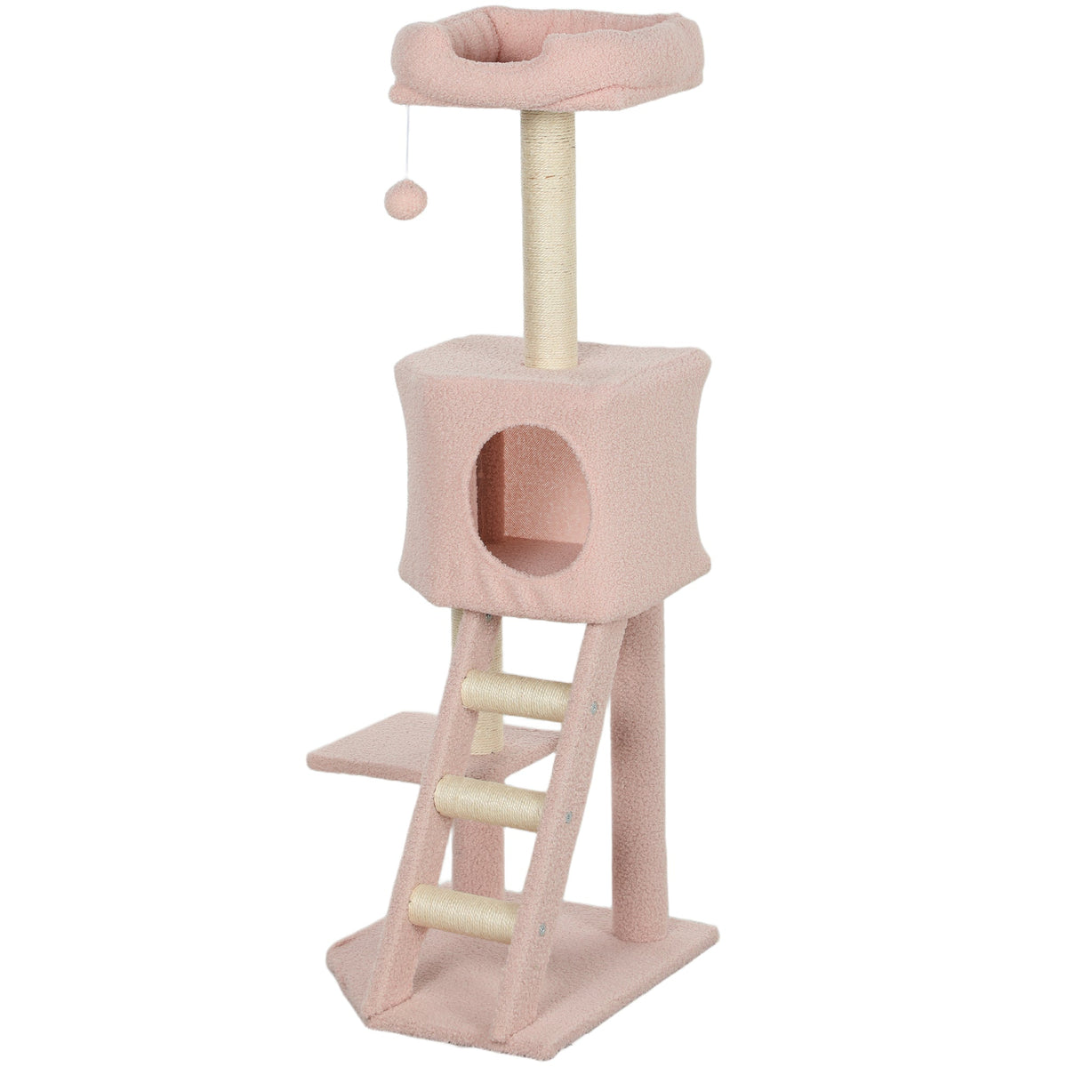 47" Tall Cat Tree Tower with Condo, Ladder, Scratching Posts and Hanging Ball, Light Grey