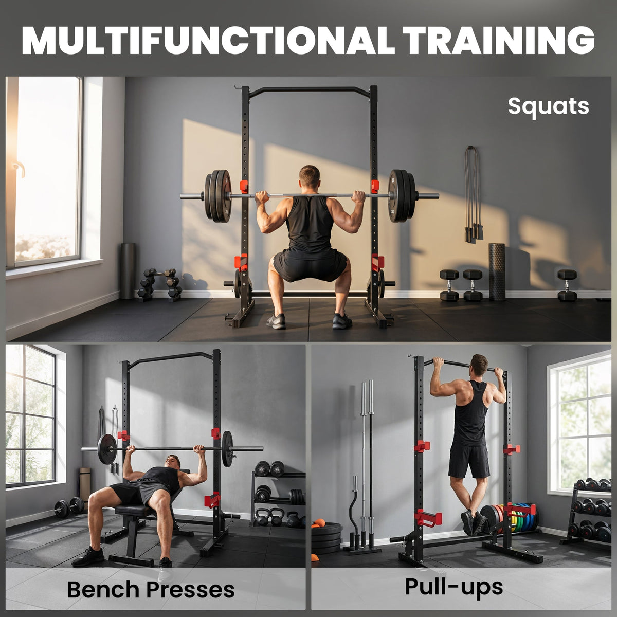 Power Cage Squat Rack, 1100LB Heavy-Duty Power Rack with Pull-Up Bar, Adjustable J-Hooks, Plates and Barbell Storage