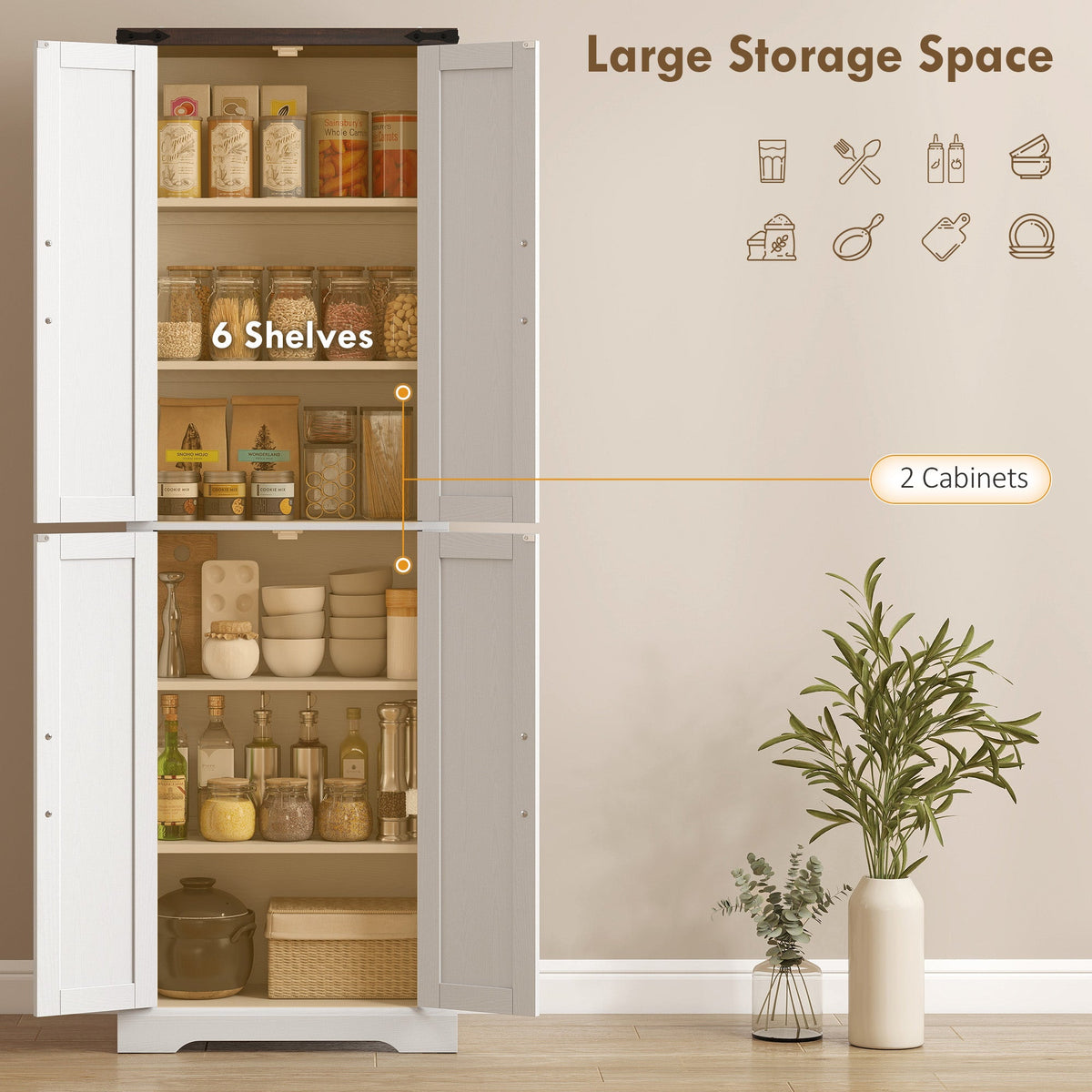 72" Pantry Cabinet, Farmhouse Freestanding Kitchen Storage Cabinet with Adjustable Shelves for Dining Room, Black