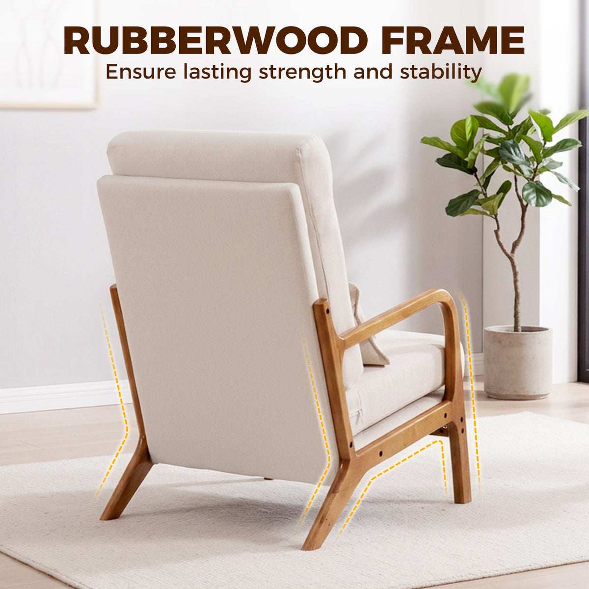 Modern Accent Chair, Linen Armchair with Lumbar Pillow, High Back, Wide Seat, Thick Cushion, Solid Wood Frame, Cream White