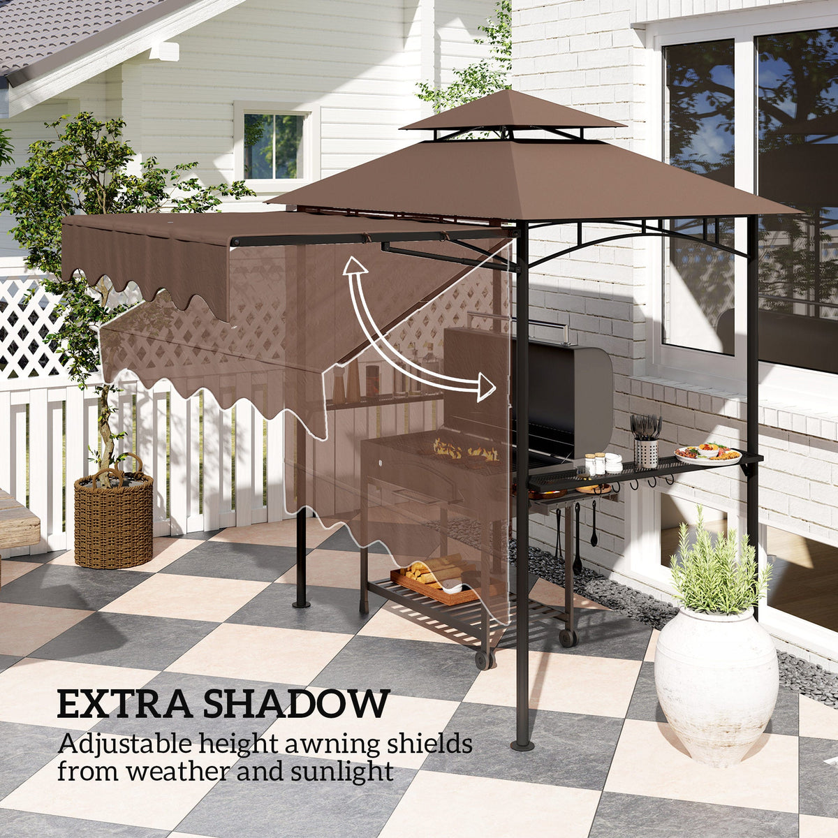 8' x 7.6' Grill Gazebo, Double Tiered Barbecue Grill Gazebo Shelter w/ Side Awning, 2 Side Shelves, 6 Hooks, Beige