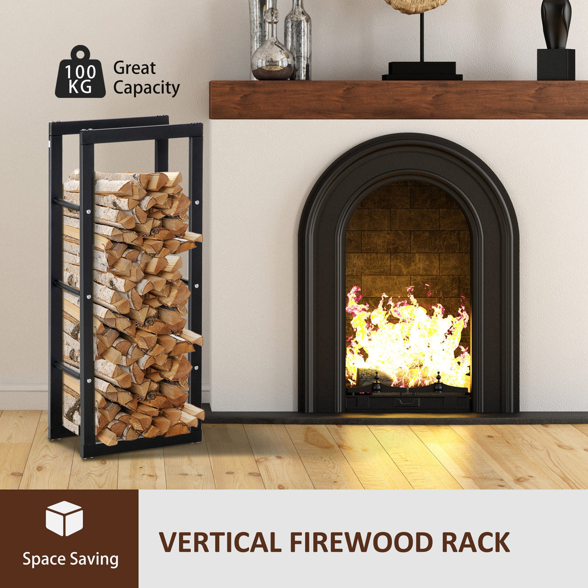 15.7" x 9.8" x 39.4" Firewood Rack Outdoor, Log Holder Fireplace Storage Rack with Handles and 220 lbs. Weight Capacity, Black
