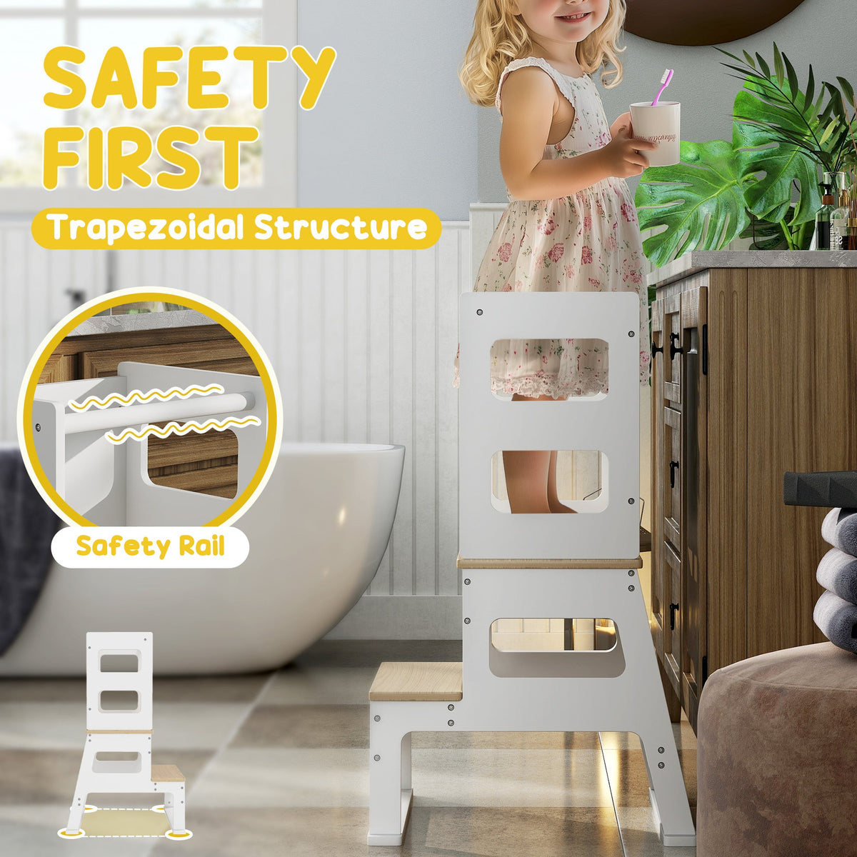 2 in 1 Toddler Tower Kitchen Helper w/ Chalkboard, Safety Rail, for Counter, Bathroom, Sink, Kitchen, White