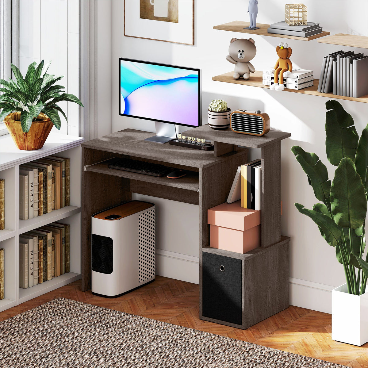 Computer Desk with Sliding Keyboard Tray Storage Drawer Shelf Home Office Workstation Grey