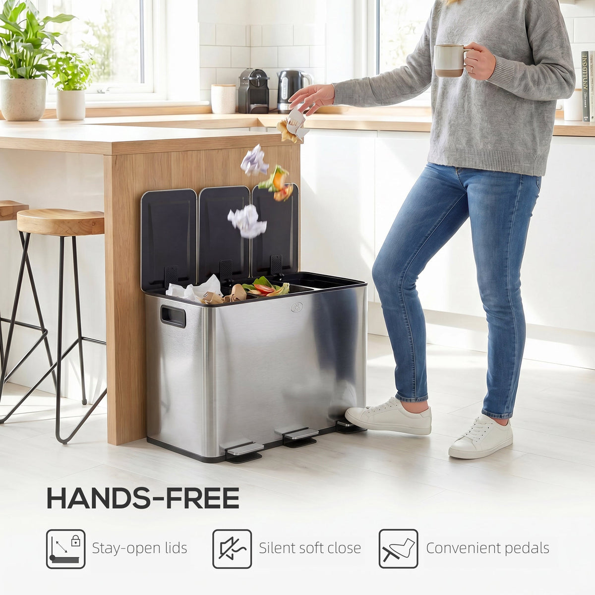 Garbage Bin, Soft-Close Trash Can with Foot Pedal, 3x5 Gallon (3x20 L) Garbage Can with Removable Inner Buckets, Black