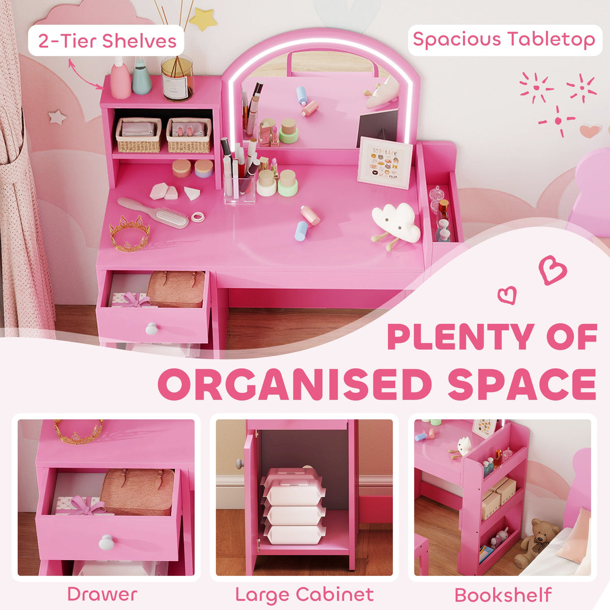 Kids Vanity Set, Toddler Dressing Table and Chair Set with Lighted Mirror, Cabinet, Drawer and Shelves, Pink