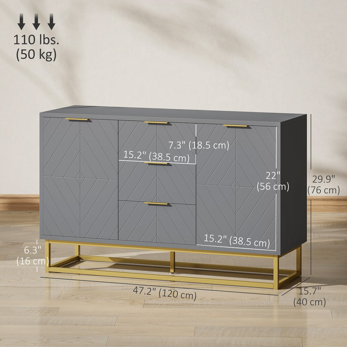 47" Storage Cabinet with Doors, Adjustable Shelves, 3 Drawers, Metal Legs for Kitchen Storage, Home Use, White
