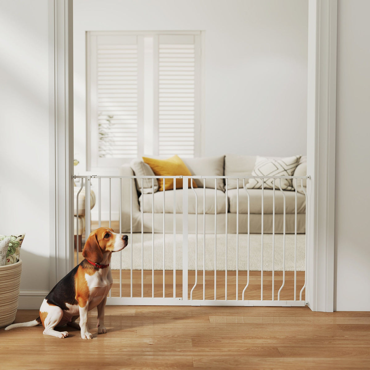 30"- 45" Easy Install Pet Gate w/ Door & Double Locking System, Extra Wide Dog Gate for Stairs, Hallways, White