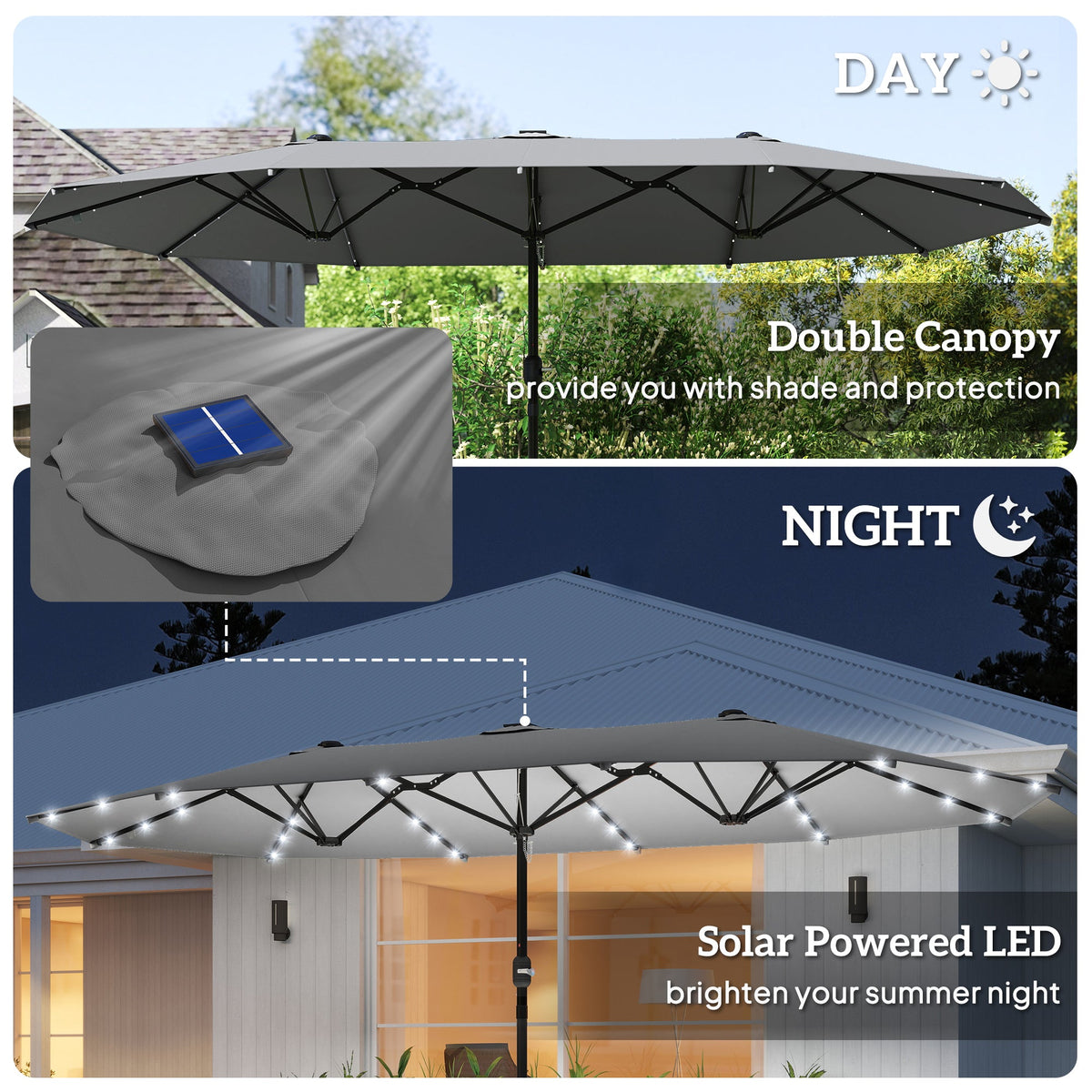 174" Double-Sided Sun Umbrella Garden Parasol Patio Sun Shade Outdoor with LED Solar Light, Khaki