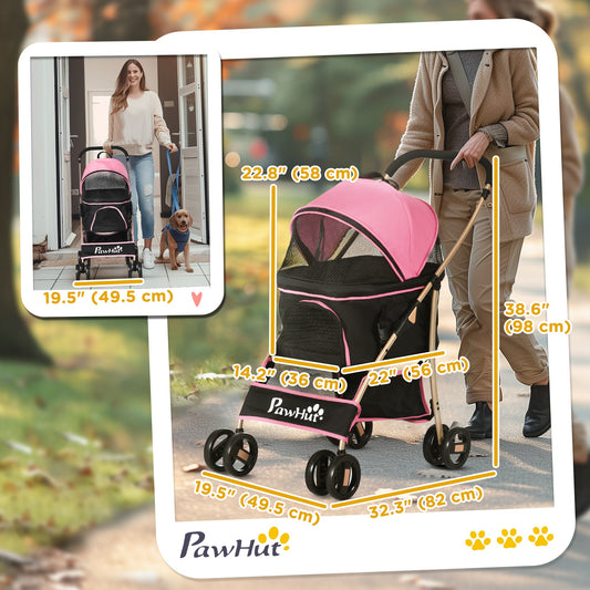 4 Wheels Pet Stroller, 3 in 1 Dog Cat Travel Folding Carrier, for Small Dogs, Detachable, w/ Brake, Canopy, Basket, Storage Bag - Pink