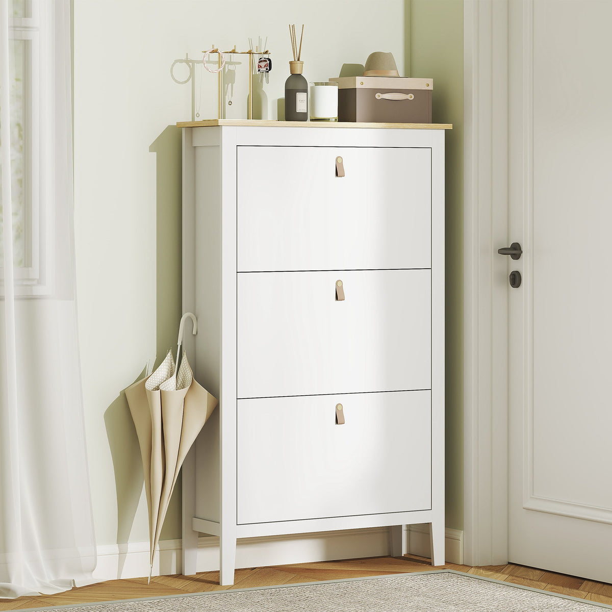 Narrow Shoe Cabinet with 2 Flip Drawers, Adjustable Shelves for Entryway, Holds 10-14 Pairs, White
