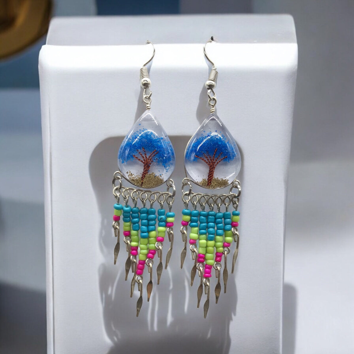 Tree of life Crushed Chip Stone Blue Earrings