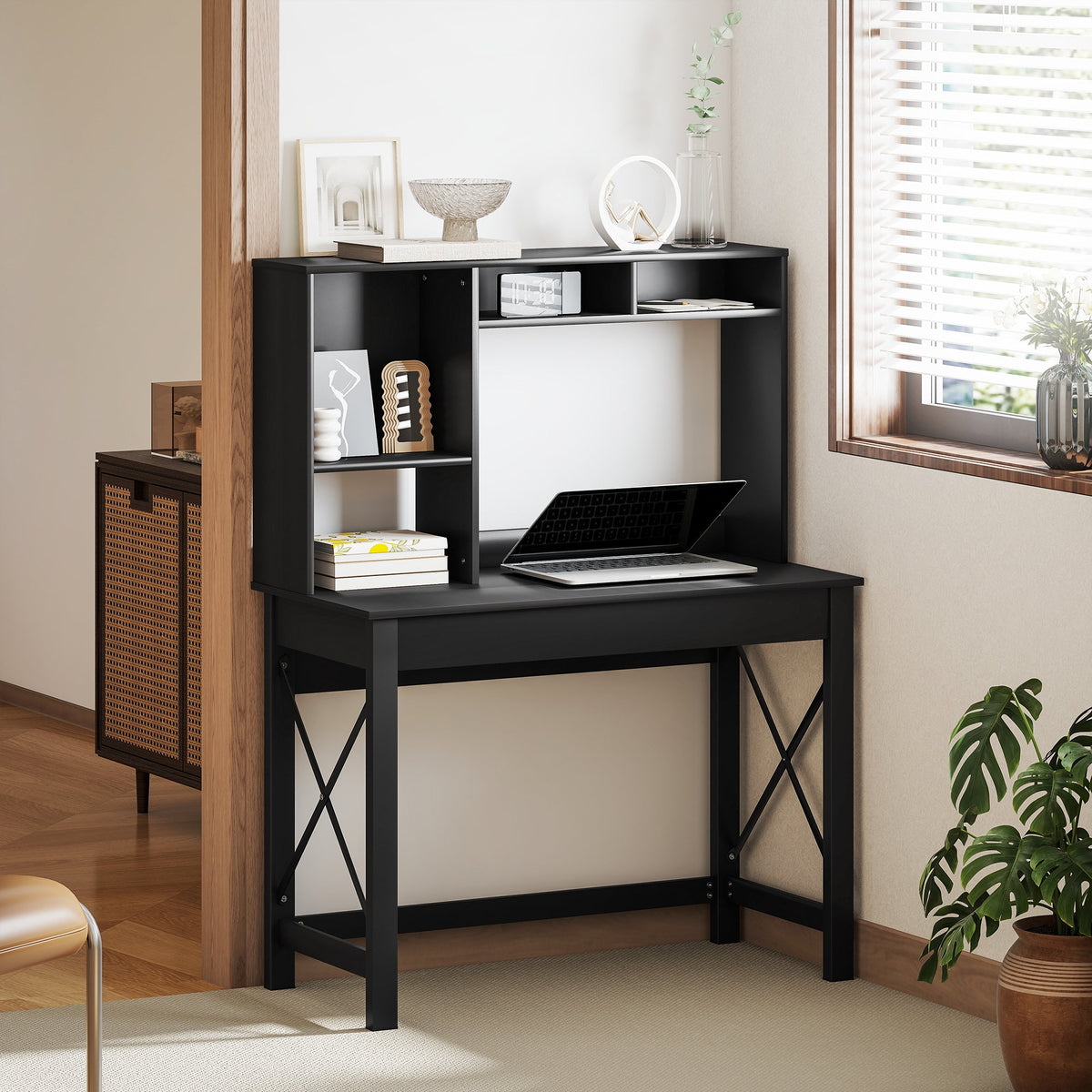 Sloan Computer Desk with Hutch and Storage Shelves-Black