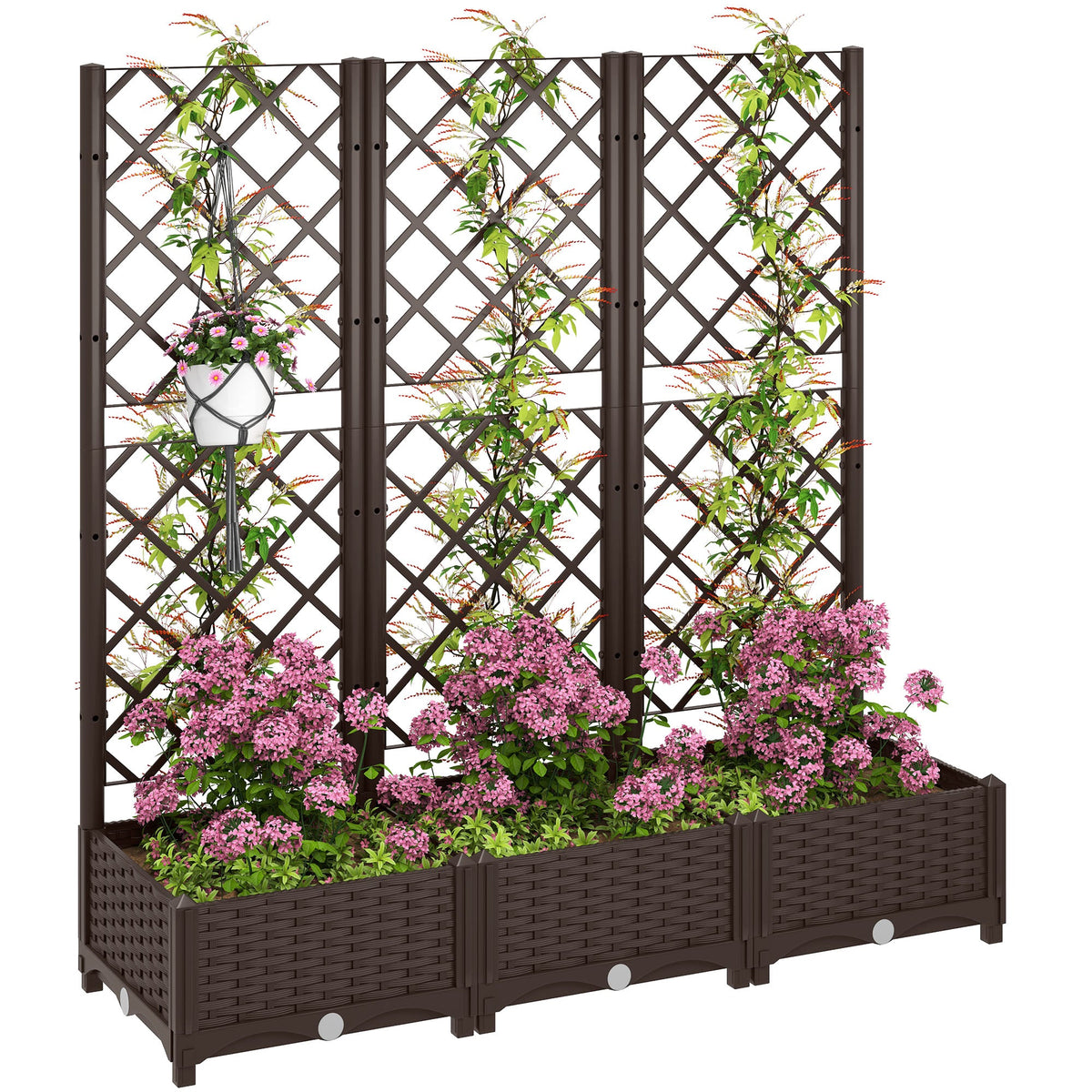 Raised Garden Bed with Trellis, Plastic Raised Flower Bed with Drainage Holes and Drain Plugs, 16" x 16" x 48"
