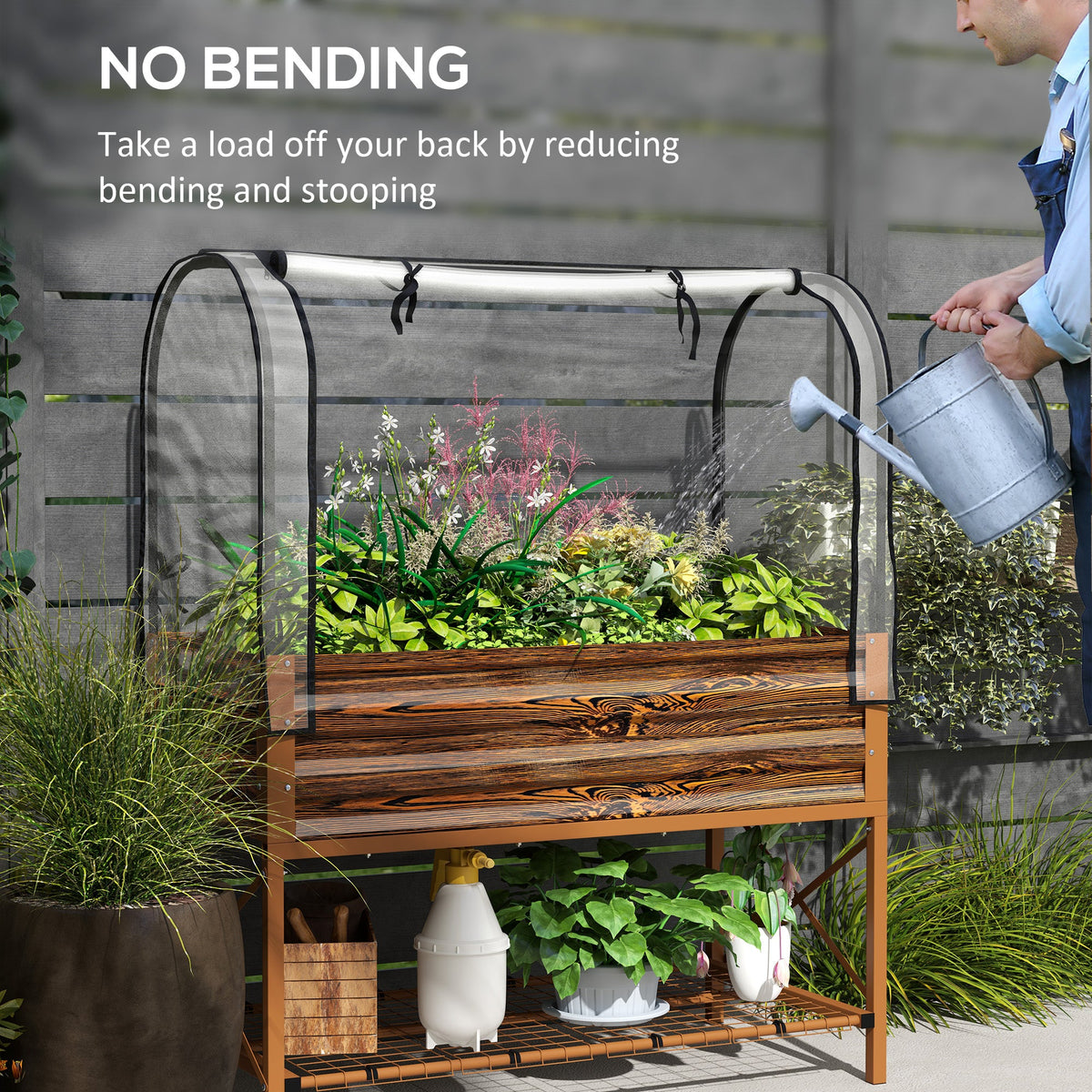 Raised Garden Bed with Cover, Metal Elevated Planter Box with Bottom Shelf and Liner, Black
