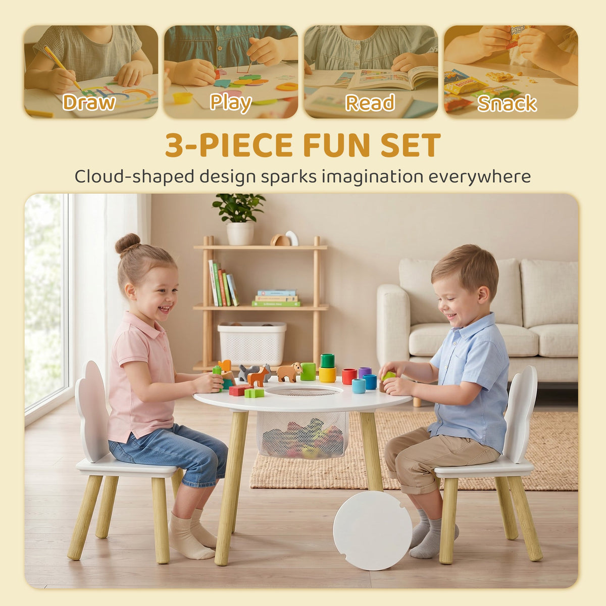 3 Pieces Kids Table and Chair Set, Activity Table and Chair Set with Cloud-Shaped Chairs, Mesh Bag