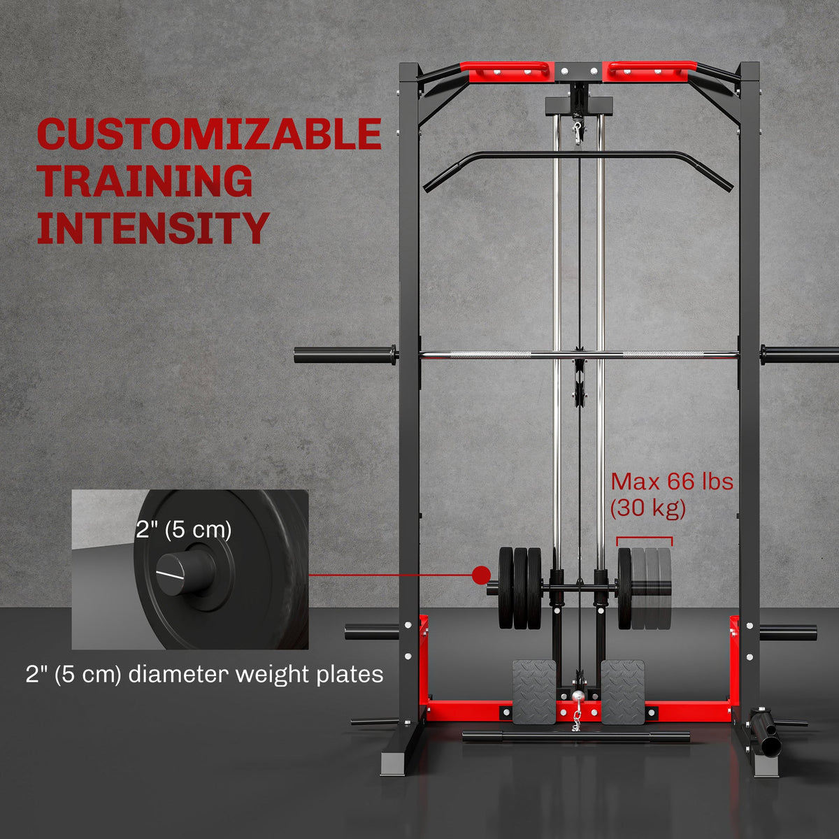 Smith Machine Power Rack with Pull Up Bar, Lat Pull Down System, Landmine, Squat Rack, Barbell Bar, for Home Gym