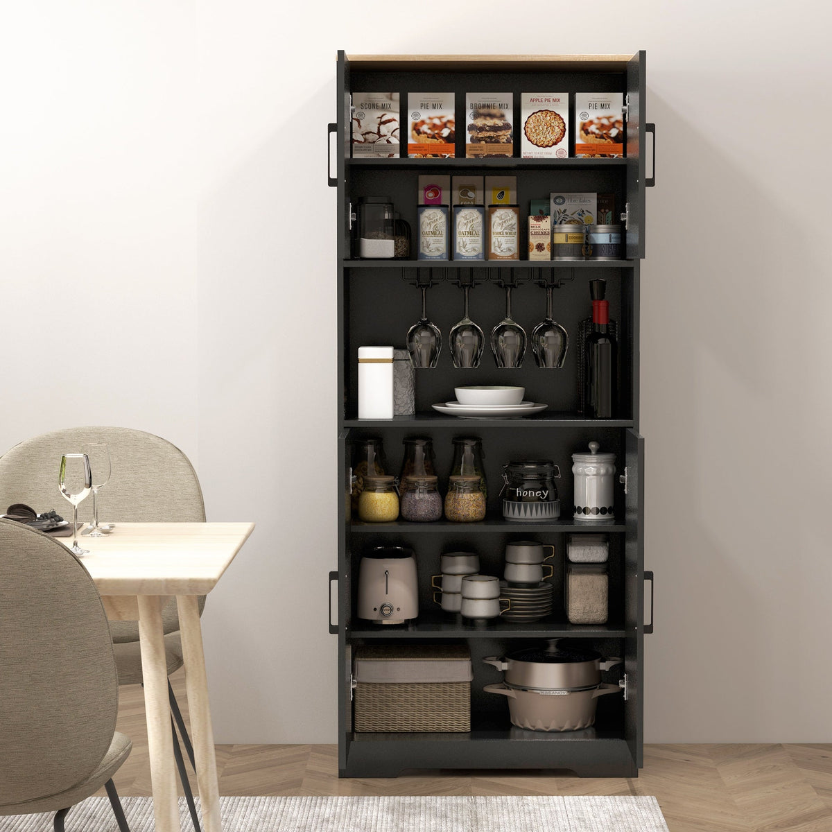 Farmhouse Kitchen Pantry, 68" Freestanding Hutch Storage Cabinet with Microwave Oven Countertop, Black